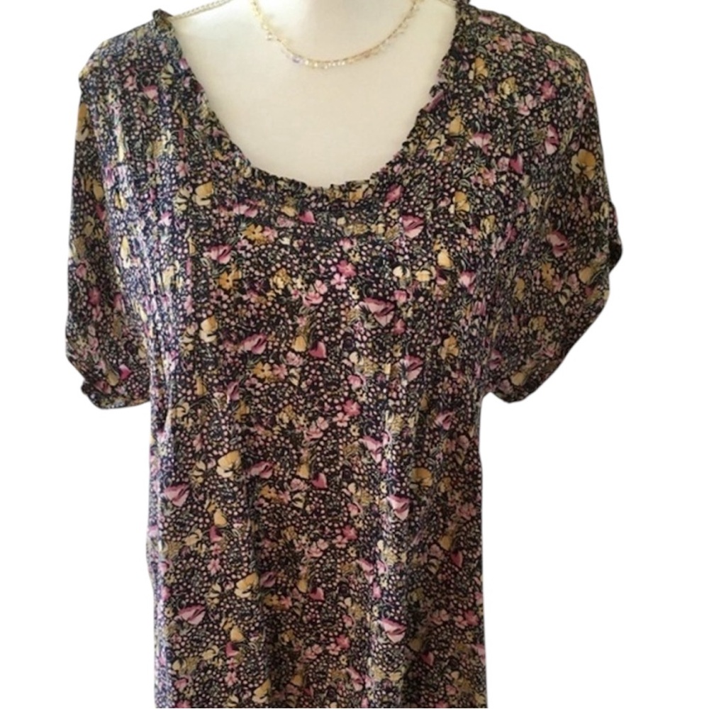 Anthropologie LiL Navy Ditsy Flower Print Peasant  Blouse, sz 6